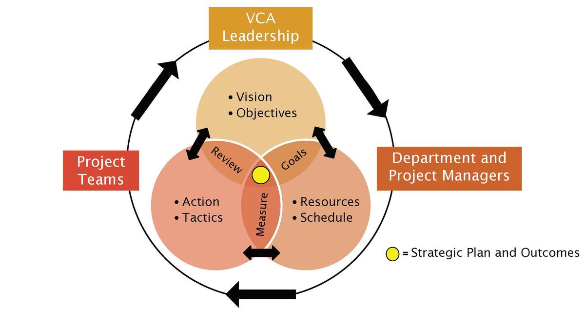 Venn diagram with VCA leadership, project managers, and teams intersecting for strategic outcomes
